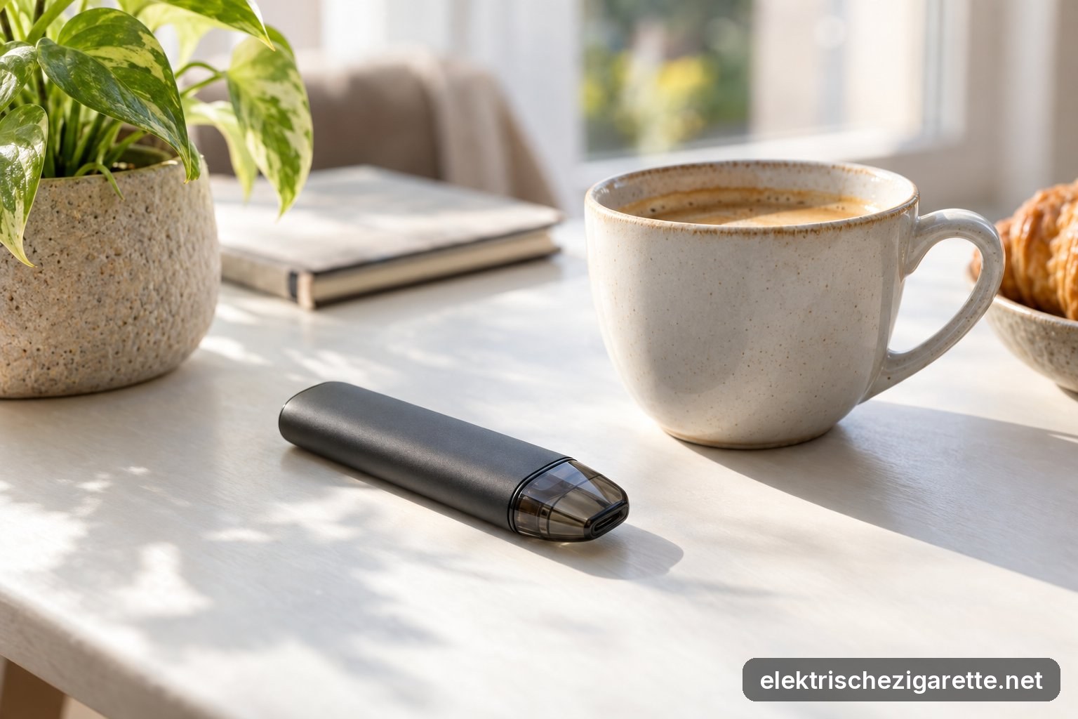 Kompaktes Pod-System auf einem hellen Tisch neben einer Kaffeetasse und einer Topfpflanze